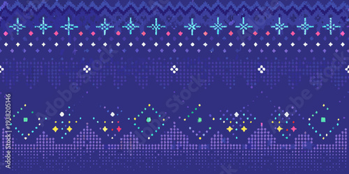 A pixelated repeating pattern of snowflakes and winter trees
