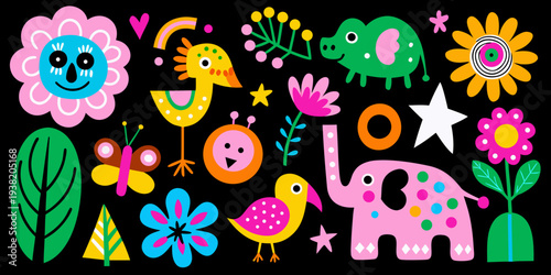 Colorful cartoon animals and flowers arranged against a black background
