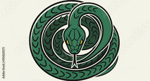 Coiled green snake with yellow eyes illustration.