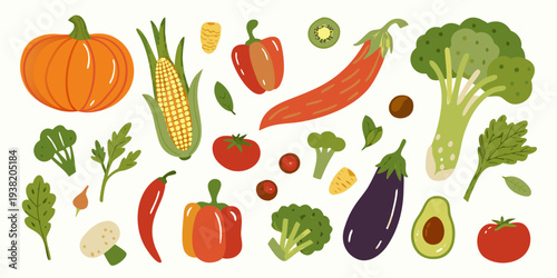 A colorful assortment of fresh vegetables and fruits in a flat design