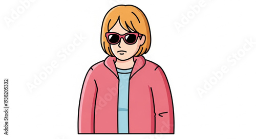Cartoon woman wearing pink jacket and sunglasses with short orange hair.
