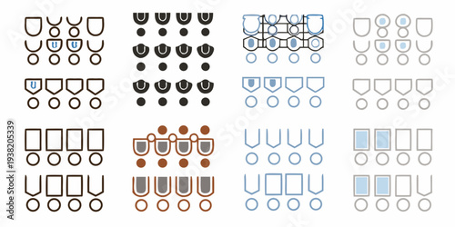 Variations of geometric shapes and patterns arranged in a grid format