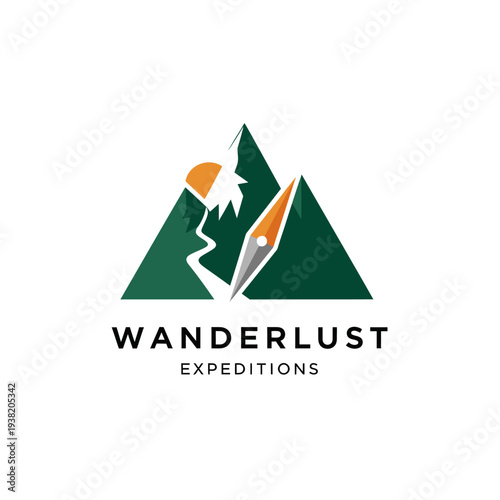 Wanderlust Expeditions Logo: Mountains, Compass, Sun, Adventure Travel Concept