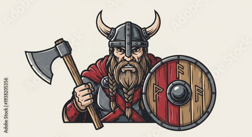 Viking warrior with axe and shield cartoon illustration.