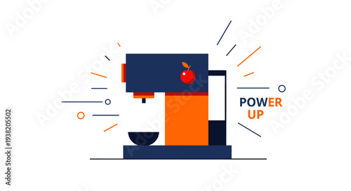 Coffee maker illustration with Power Up text and apple icon