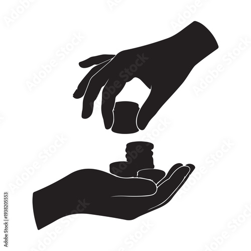 islamic Hands giving and receiving coins symbolizing financial transaction donation donation or payment silhouette