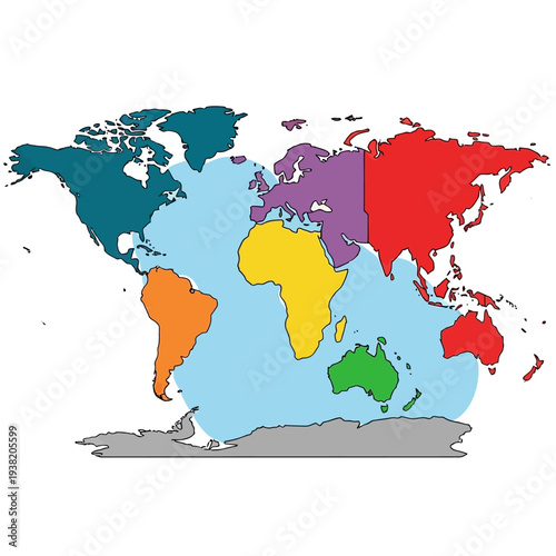 World Map Continents Colorful Regions Globe Geography Education Travel