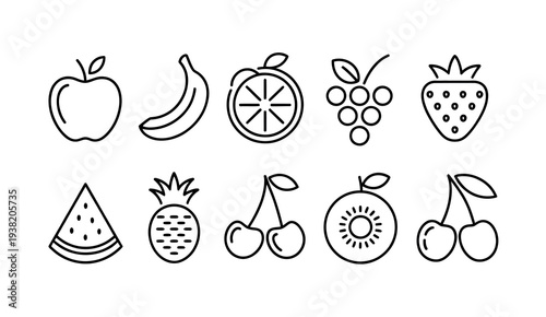 Fruits Outline Icon Set Featuring Apple Banana Citrus Berries Watermelon Healthy Food Nutrition Organic Farm Fresh Produce Linear Vector Symbols