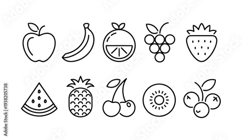 Fruits Outline Icon Set With Apple Banana Citrus Berries Watermelon Healthy Food Nutrition Organic Diet Fresh Produce Linear Vector Symbols
