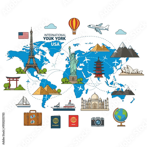 World Map Landmarks Travel Destinations Icons Transportation Globe Camera Suitcase Passports