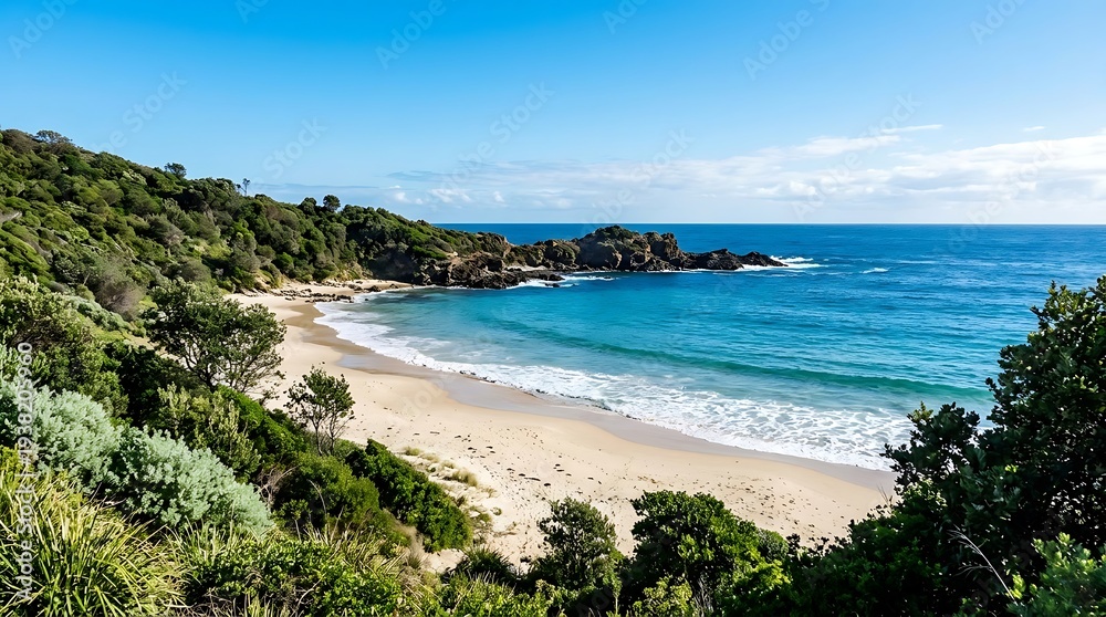 Naklejka premium A serene beach surrounded by lush greenery and rugged coastline on a sunny day
