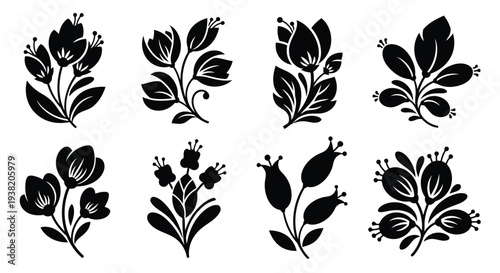 A collection of various types of leaves and flowers in black and white