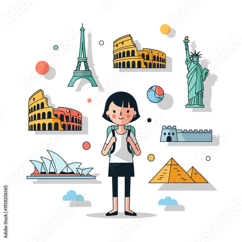 Young Traveler Girl Surrounded by Famous World Landmarks, Exploring Global Destinations