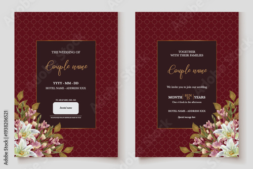 WEDDING INVITATION FRAME WITH FLOWER DECORATIONS AND FRESH LEAVES