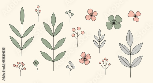 A delightful assortment of various flowers and leaves in a charming illustration