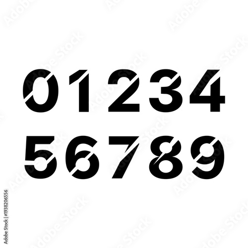 Modern Futuristic Number Set 0-9 with Diagonal Slash Cut