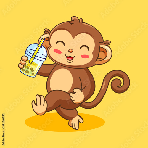 Happy Cartoon Monkey Drinking Boba Bubble Tea Vector Illustration Kawaii Design