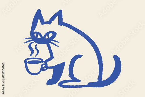 Cat with coffee cup naive outline sketch vector illustration