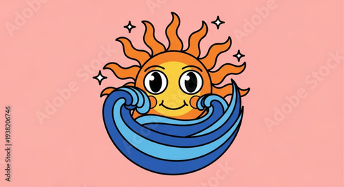Cartoon sun with smiling face surrounded by wavy blue sea.
