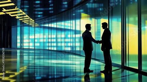 Strategic Alliance: Two professionals seal a significant deal with a firm handshake, framed by an elegant, modern architectural interior. Capturing a moment of trust, partnership.