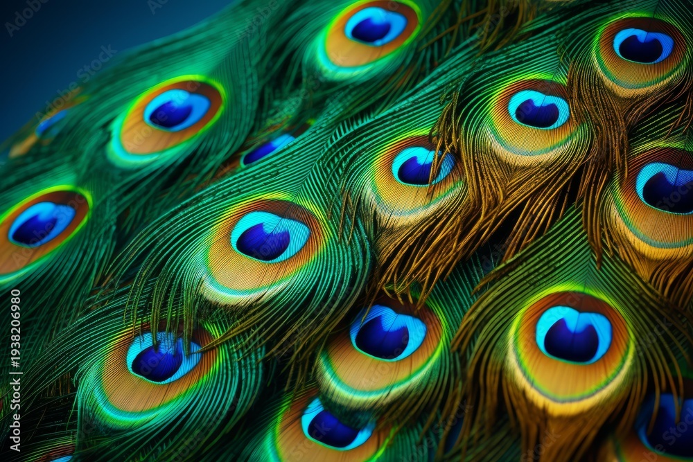 Obraz premium Peacock feathers showing eye spot patterns and iridescent colors in a close up view