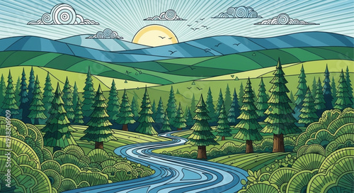 Serene landscape with winding river and lush green mountains.