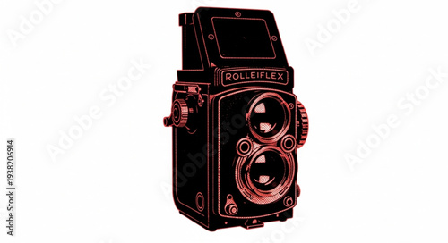 Vintage camera illustration with red outline on white background.