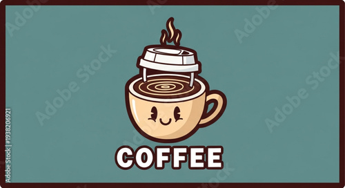 A cartoon coffee cup with a smiling face and a lid on top.