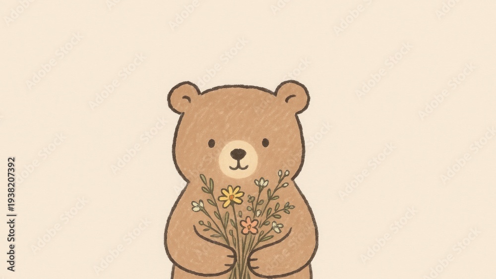 Fototapeta premium Cute bear holding flowers wallpaper for desktop