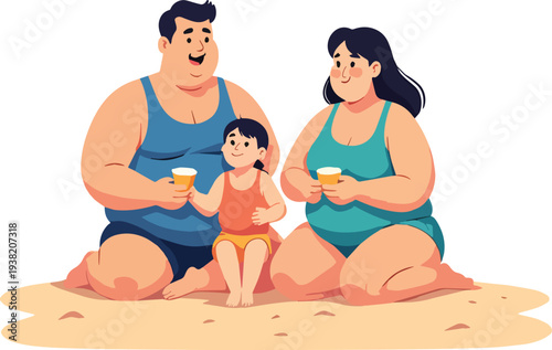 famiglia riunita in spiaggia, sotto ombrellone  seduta vettoriale 