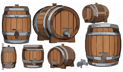 Vintage Wooden Barrels with Spigots Brewing and Storage Vector Set