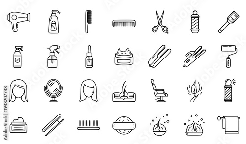 Hair Care and Salon Thin Line Icons Collection with Styling Tools Shampoo and Beauty Symbols Vector