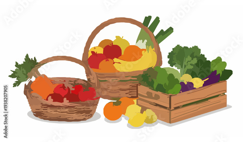 Rustic Farm Baskets with Fresh Fruits and Vegetables Collection