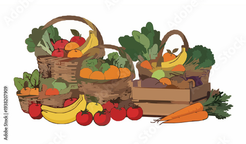 Wicker Baskets and Wooden Crate Filled with Fresh Fruits and Vegetables