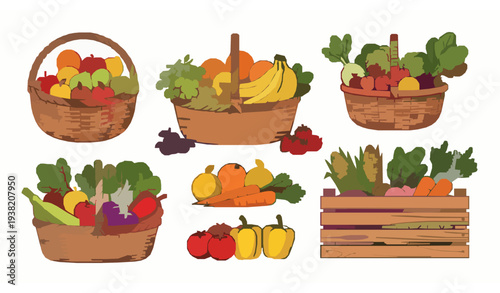 Fresh Farm Produce in Wicker Baskets and Wooden Crate Vector Illustration