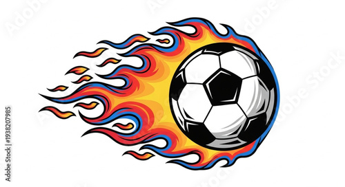 Fiery soccer ball with flames illustration.
