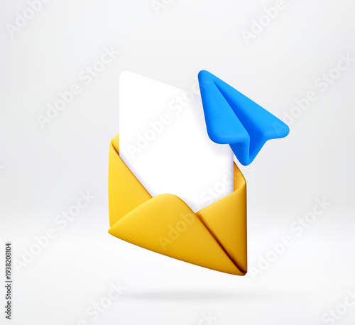 3D Envelope with paper sheet and blue paper plane. 3d illustration of digital message sending, email communication and mailing service. Web newsletter or business report. Vector illustration
