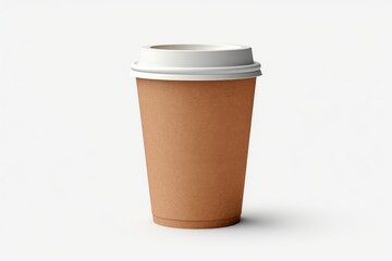 Studio shot of a closed disposable coffee cup made of recycled cardboard with white plastic lid, isolated on white background