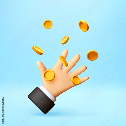 3D Hand reaching for falling gold coins. Business concept of wealth, income, savings, finance and investment. 3d icon of profit earning, money success and monetary gain. Vector illustration
