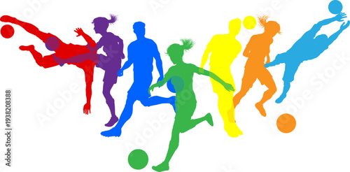 Soccer football player male and female colorful silhouette outlines men and women group
