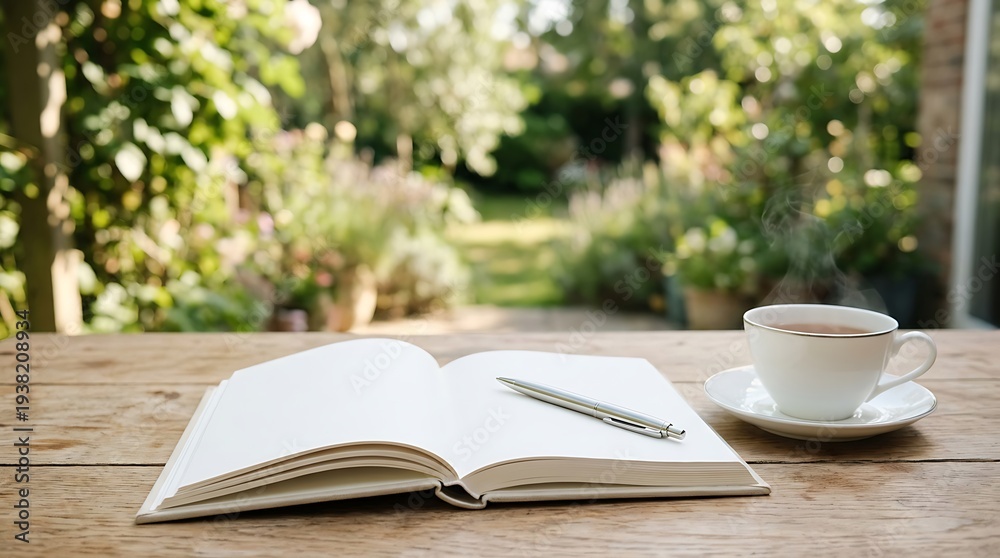 Naklejka premium A serene outdoor setting with an open book and a cup of coffee on a wooden table