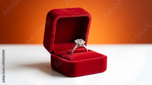 A diamond ring sits in an open red velvet jewelry box on a white surface