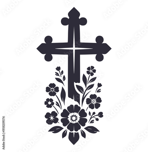 Easter Cross Floral Silhouette With Flowers Leaves And Wheat Religious Christian Symbol Illustration