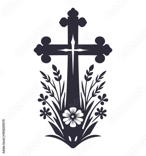 Easter Cross Floral Silhouette With Flowers Leaves And Wheat Religious Christian Symbol Illustration