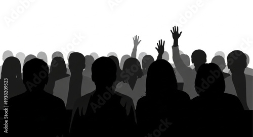 Silhouetted Crowd Raising Hands Together.