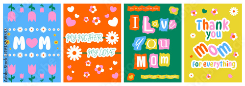 Mother’s Day Greeting Card Set with Vibrant Floral Pattern Vector Illustration and Playful Typography, Cute heartwarming Messages for Mom, Poster Background