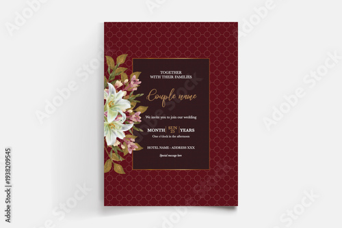 WEDDING INVITATION FRAME WITH FLOWER DECORATIONS AND FRESH LEAVES