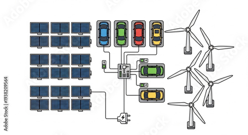 Renewable energy sources powering electric vehicles and homes.