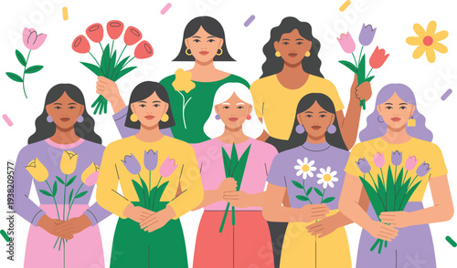 Diverse group of people celebrating with flowers in a joyful gathering illustration
