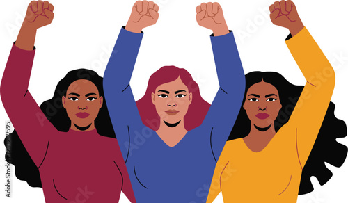 Diverse multicultural women celebrating together in a joyful gathering with raised fists in solidarity